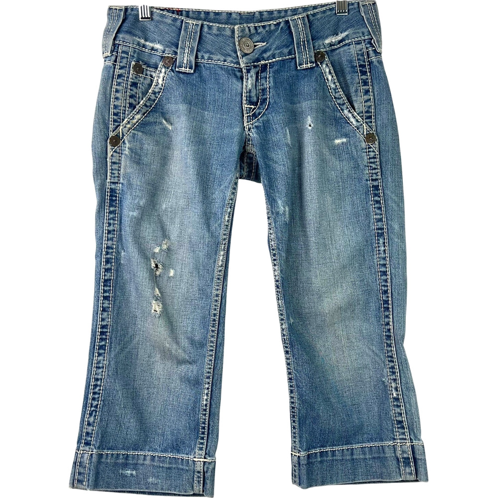 True Religion Women's Y2K Bermuda Blue Shorts Trashed Distressed Ripped Size 27